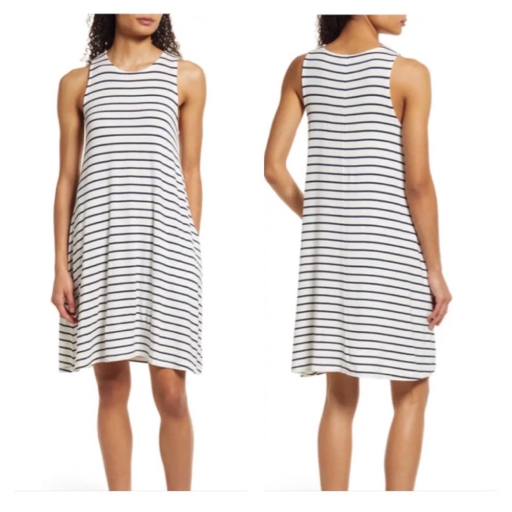 Melrose and Market Swing Dress with Pockets on Ivory-Navy Pauline Stripe